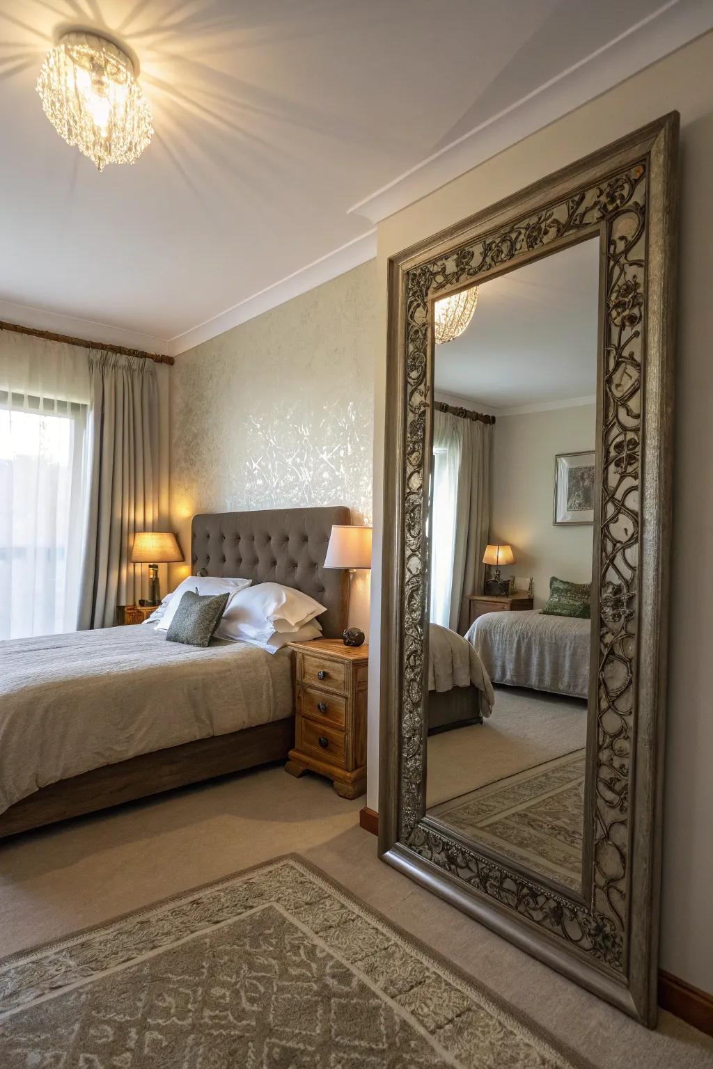 Mirrors enhance area and light, making the bedroom feel larger.