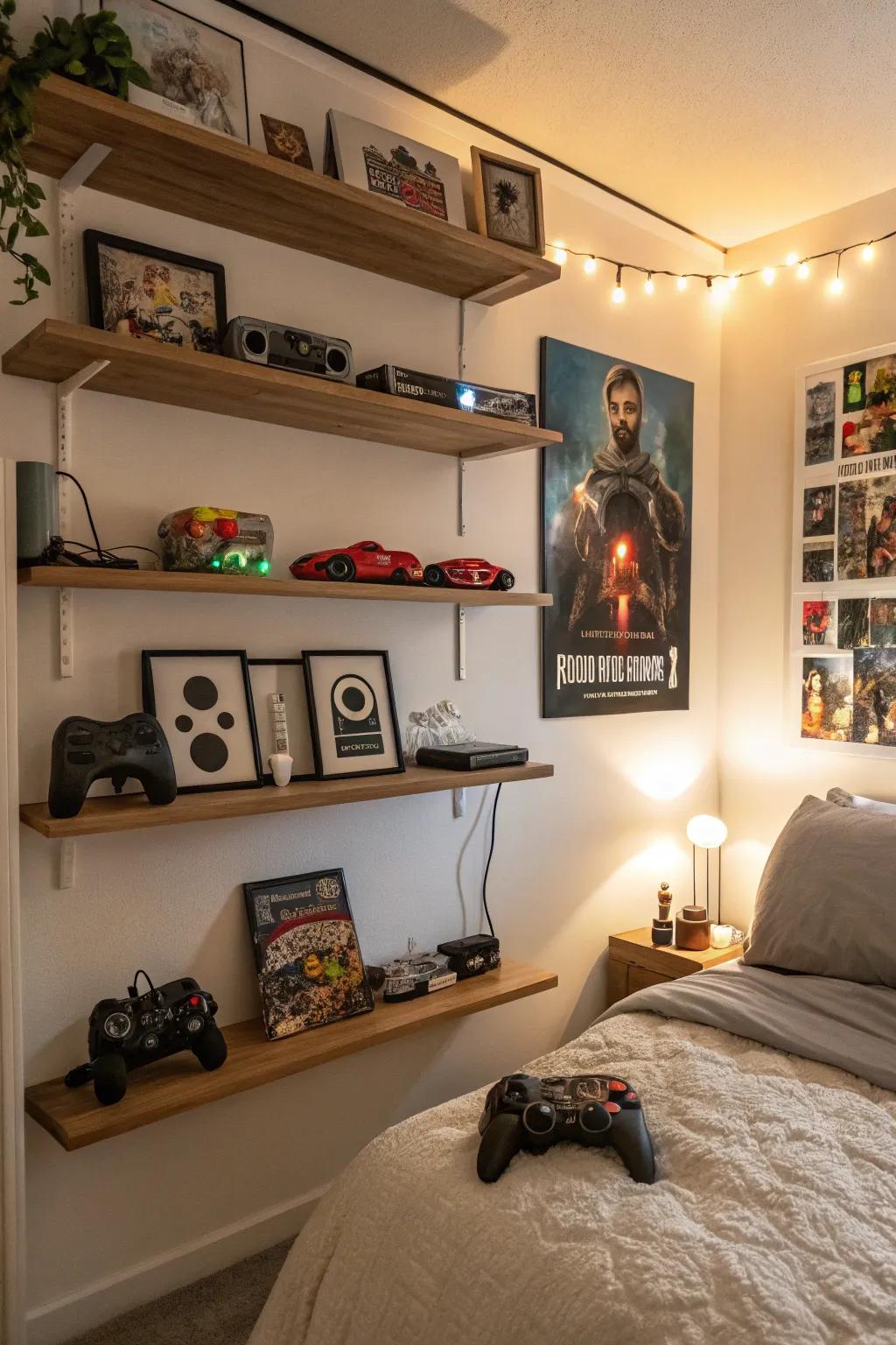 Hanging racks display collectibles elegantly.