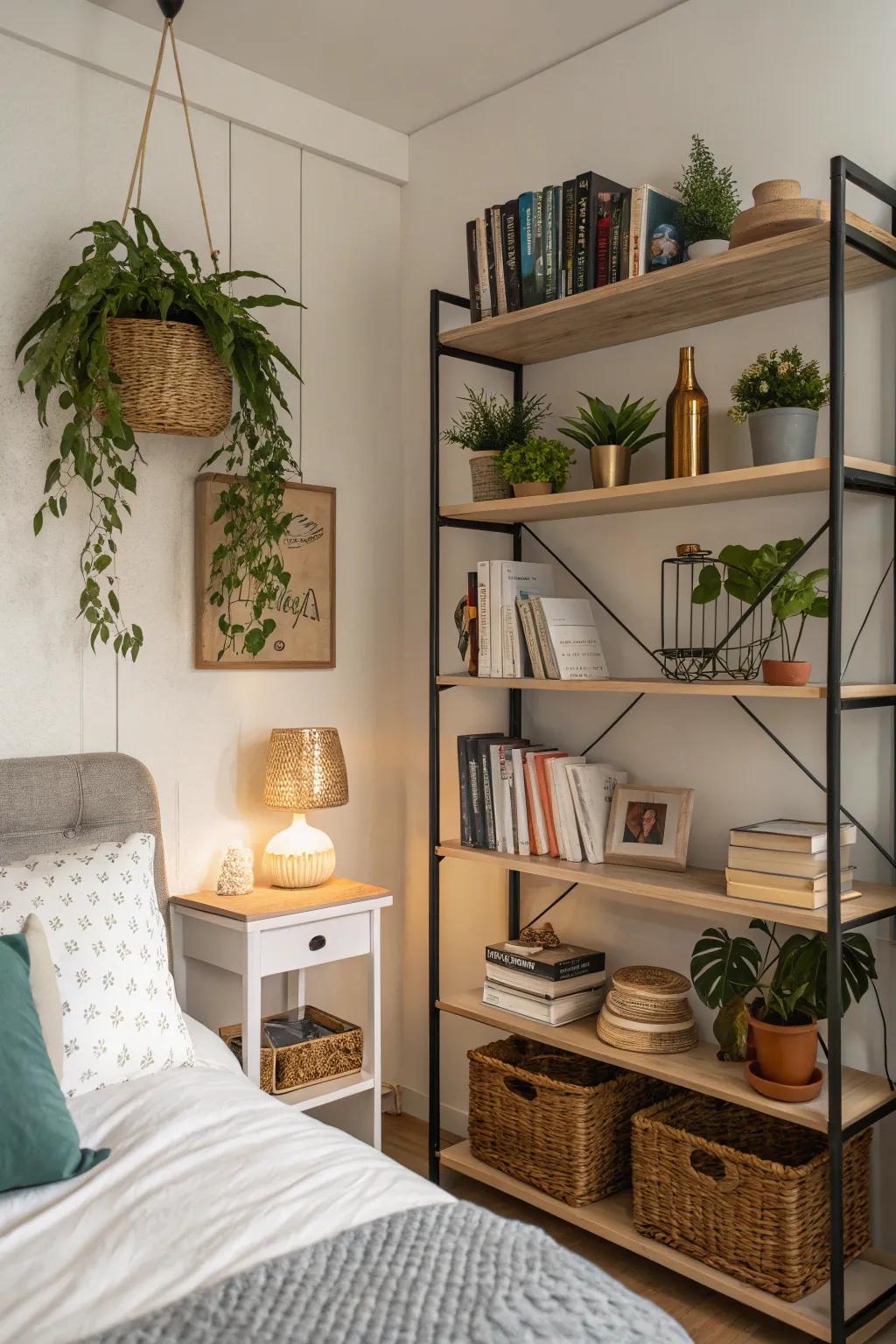 Functional shelves combine storage with style.