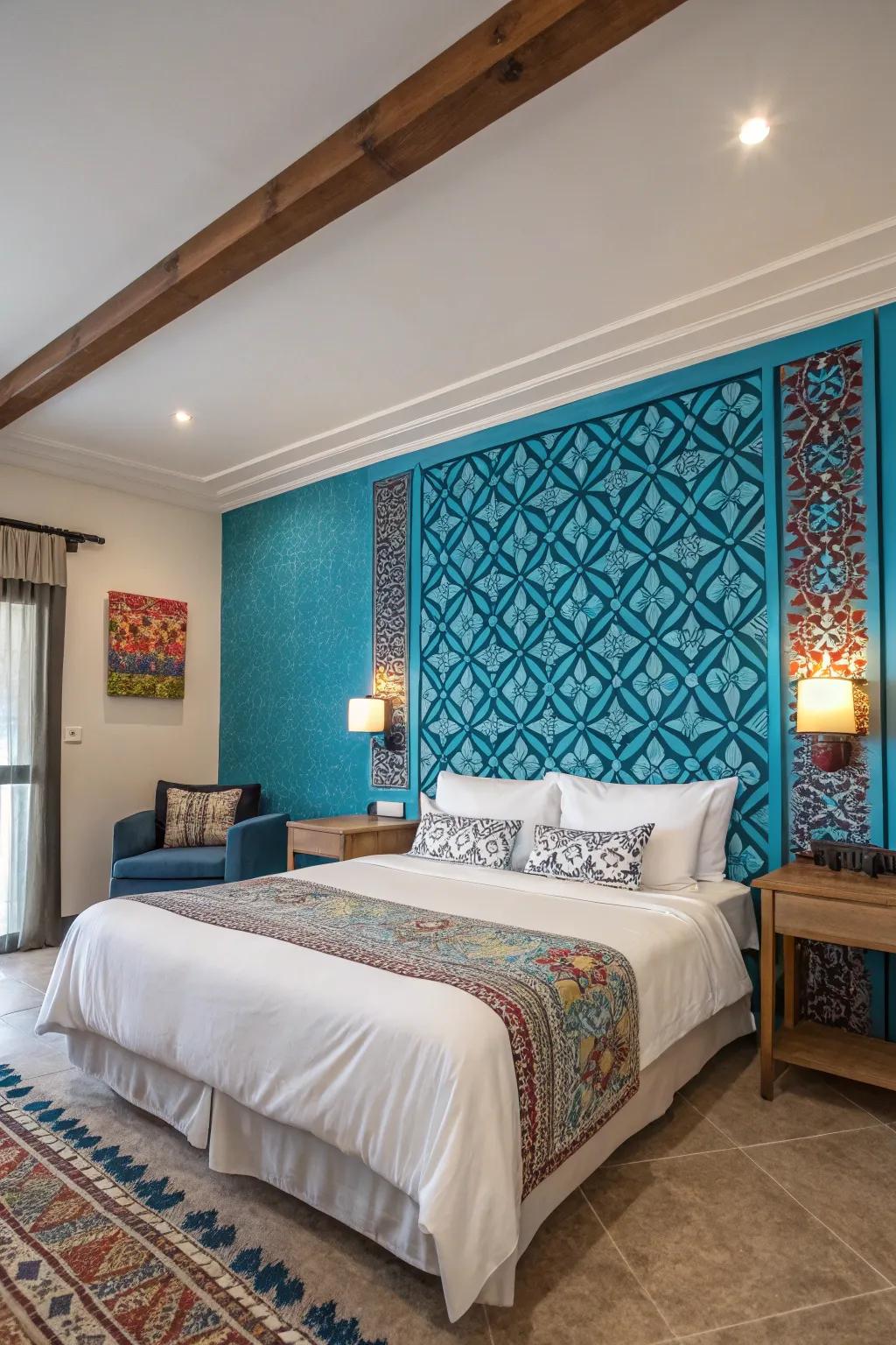 A bold feature wall appends vibrancy to this fashionable bedroom.