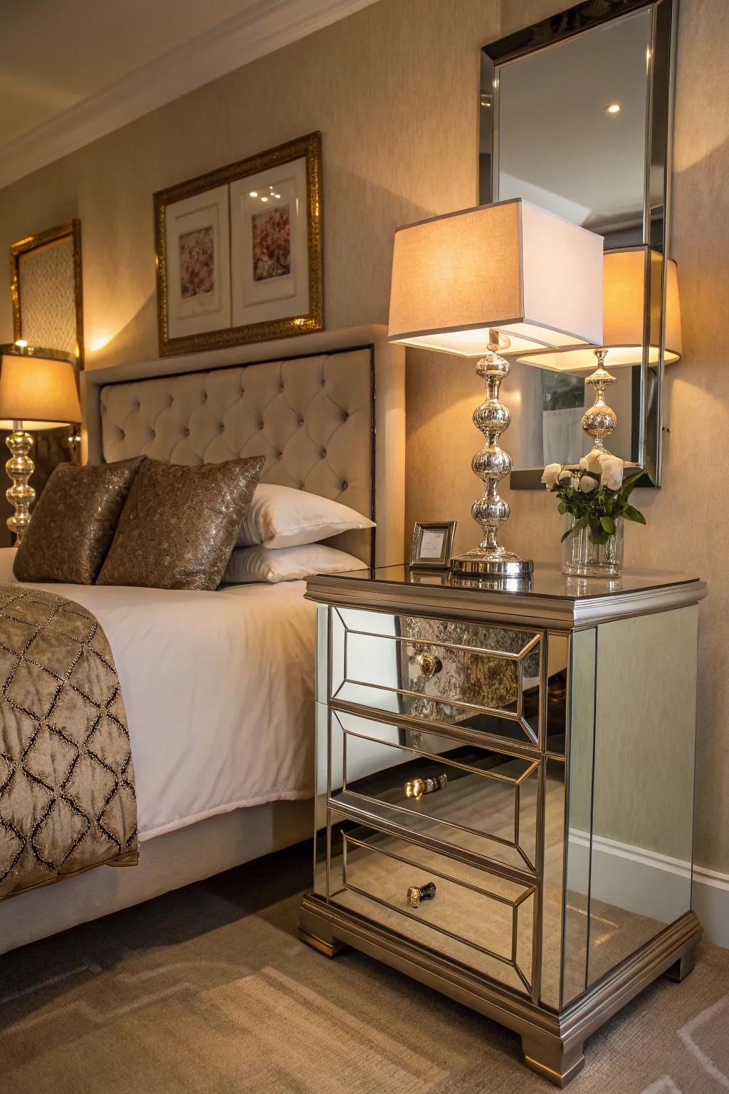 Mirrored furniture pieces enhance glamour and sophistication in the bedroom.