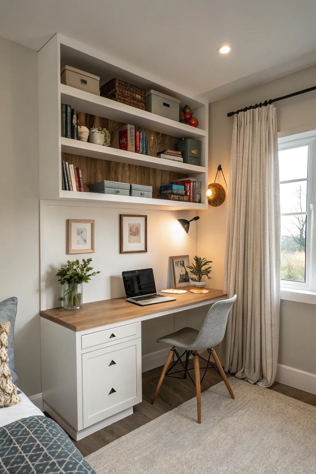 A space-saving bedroom nook including floating furniture for added functionality.