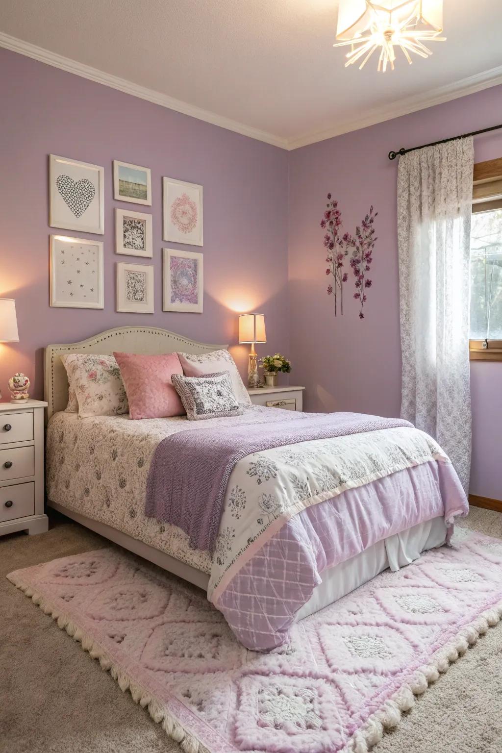 A serene bedroom with violet walls, encouraging relaxation and tranquility.