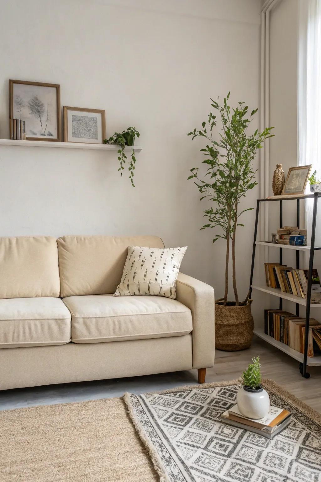 A minimalist living space with a wheat-toned sofa, showing peace and simplification.
