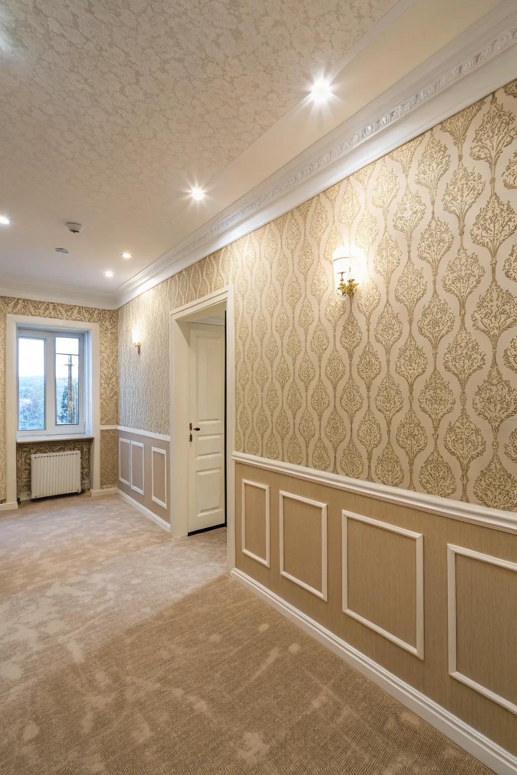 Patterned wall covering in beige tones elevates the room's grace.