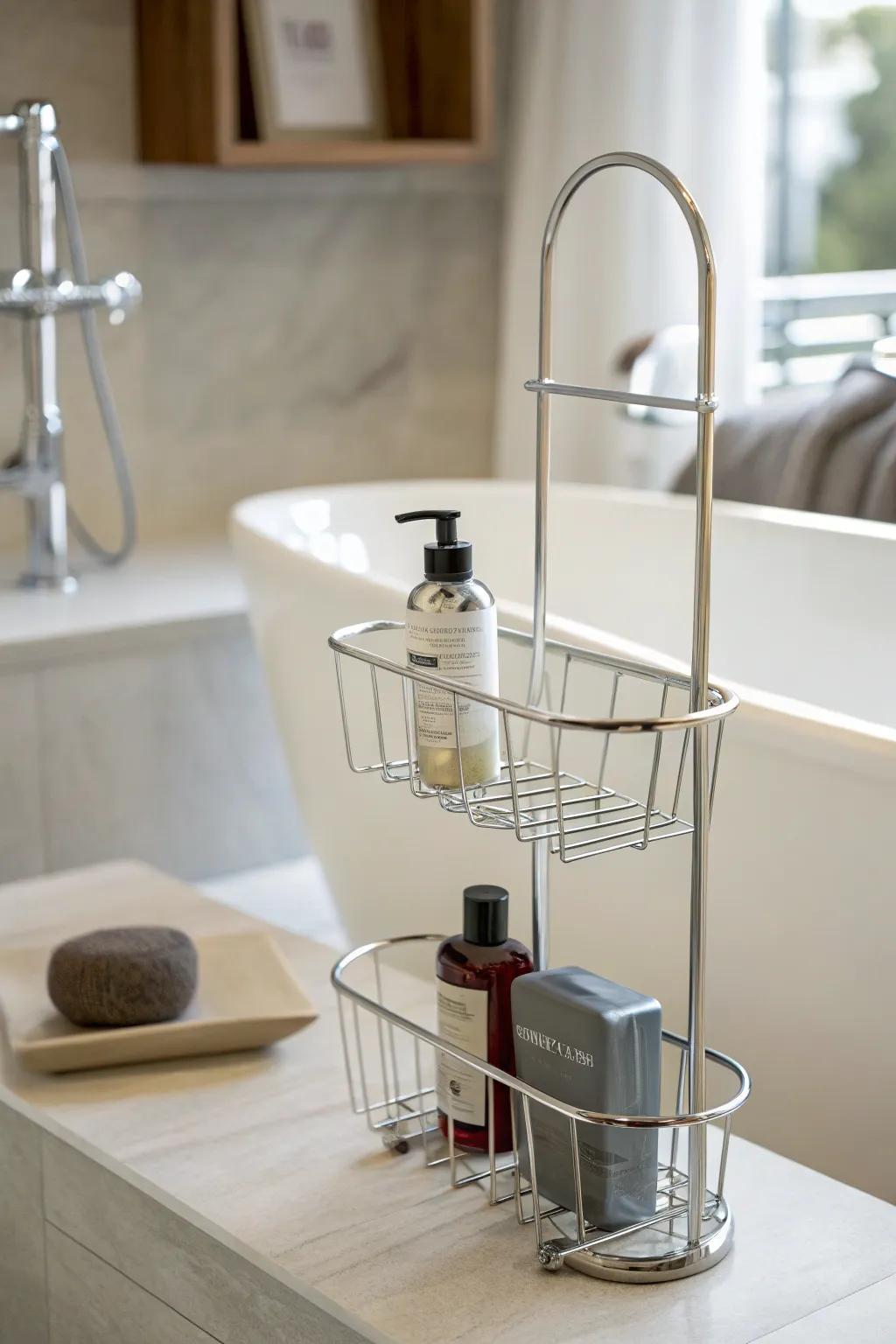 Embrace minimalism with a sleek wire shower buddy.