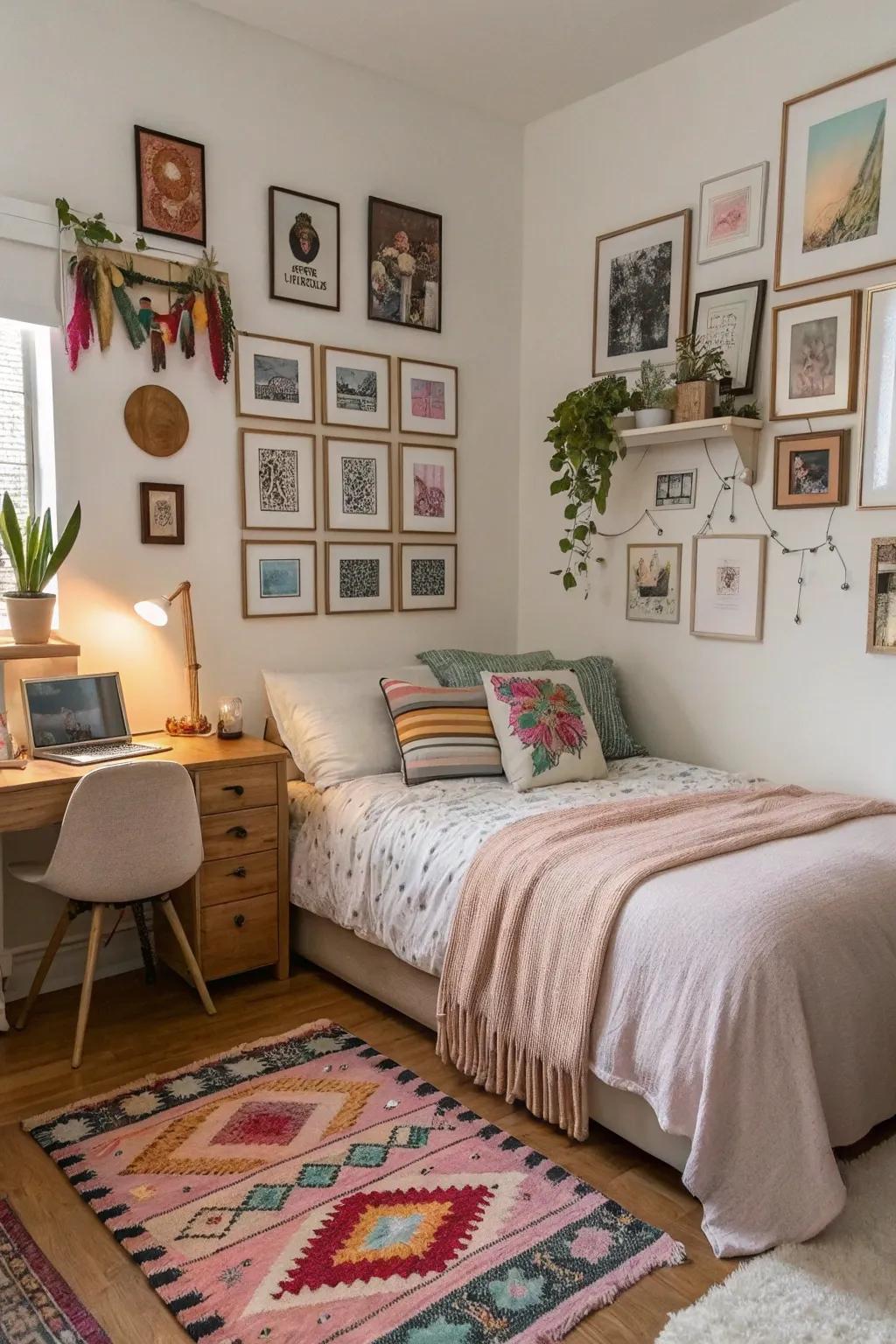 A voluminous bedroom personalized with unique art pieces and d&eacute;cor.