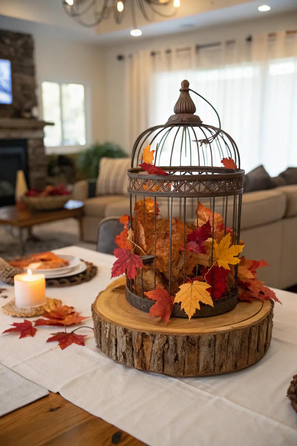 A cage centerpiece that pays tribute to the splendor of autumn.