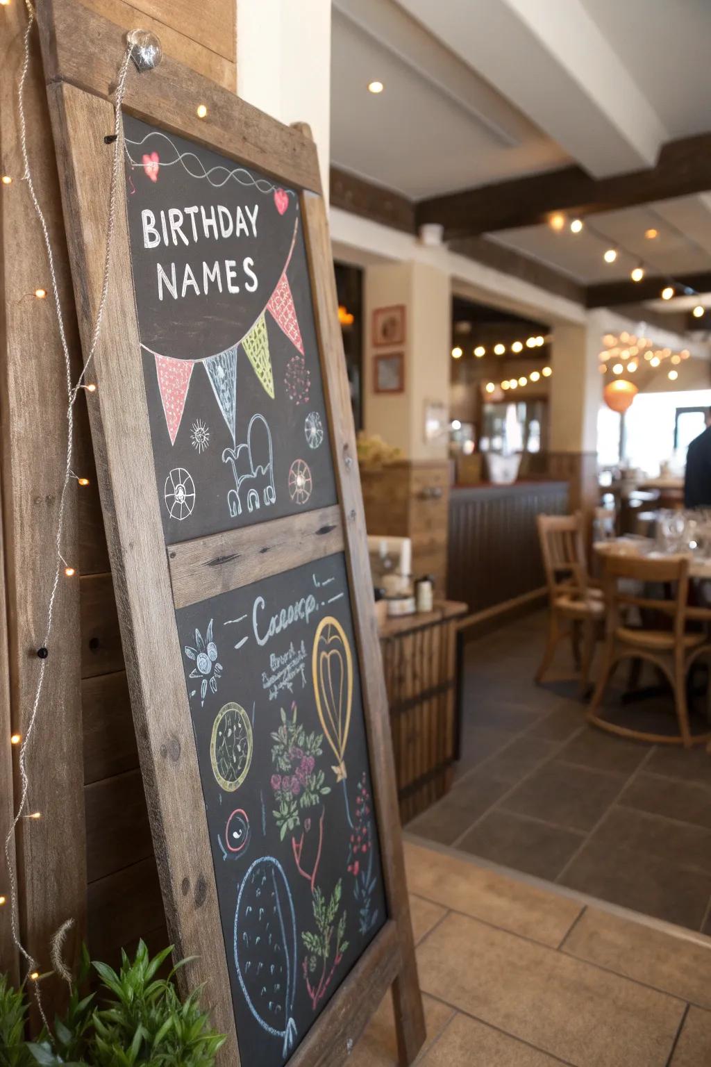Chalkboard-themed birthday board for a rustic charm.
