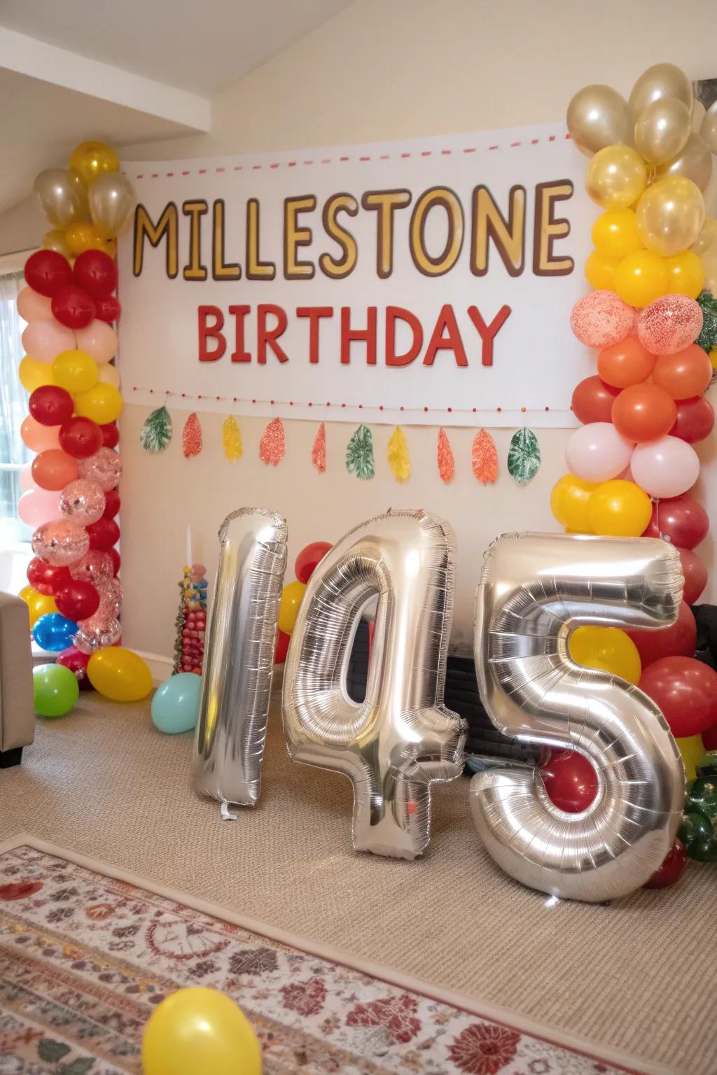 Giant number balloons spotlight a birthday milestone in a festive setting.