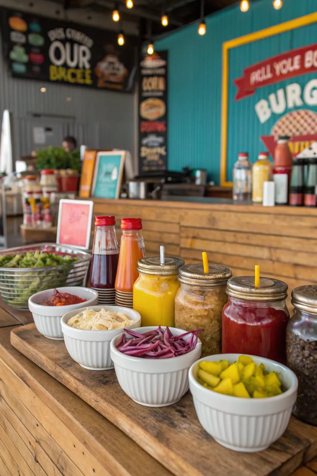 A creative condiment display elevates the overall charm.