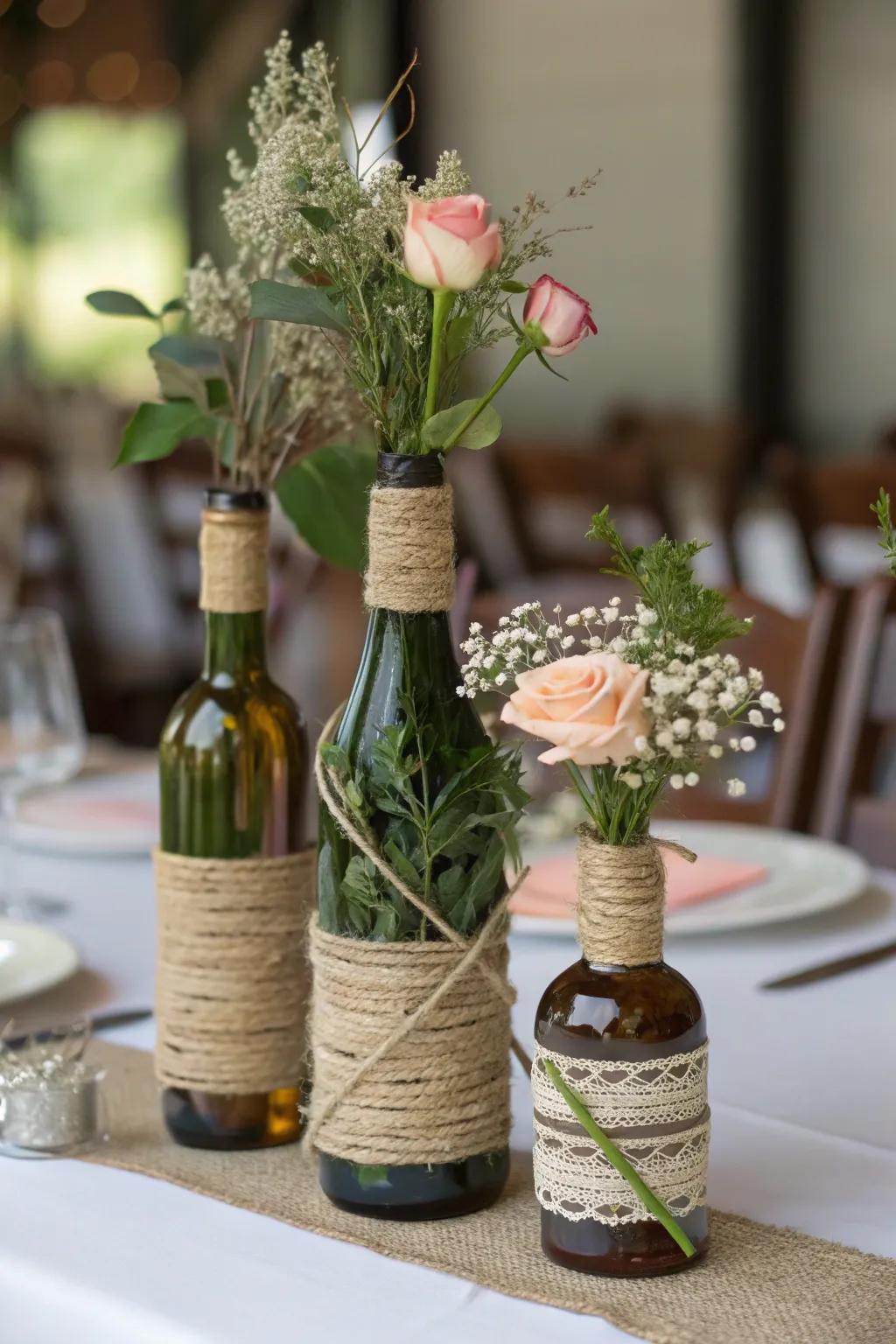 Eco-friendly flair: repurposed bottles contribute charm and sustainability.