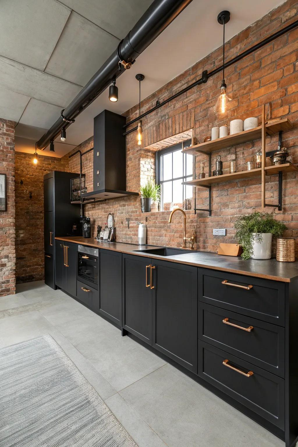 Industrial elements contribute an edgy, urban feel to a black and copper kitchen.