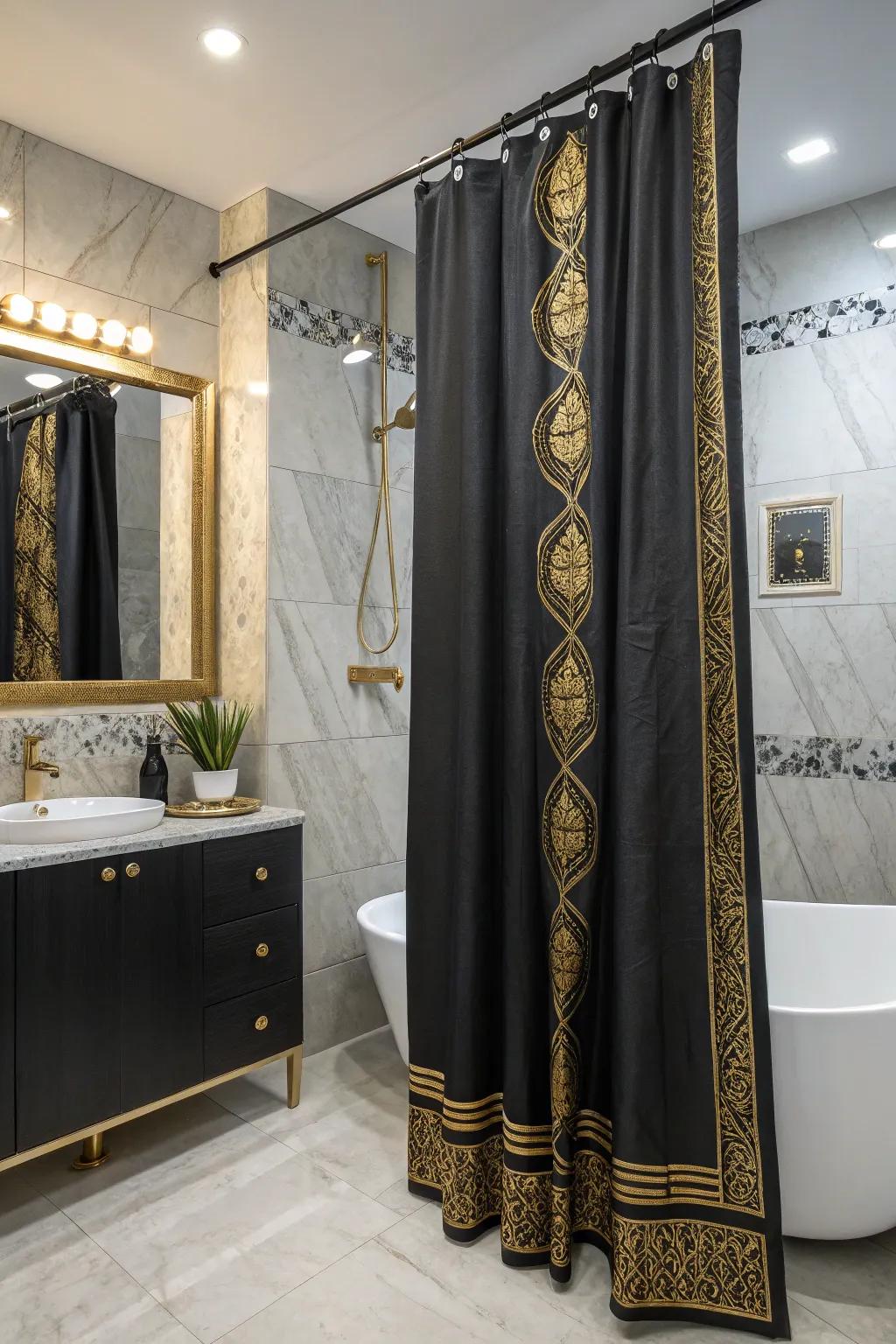 Black and gold shower curtains add drama and flair.