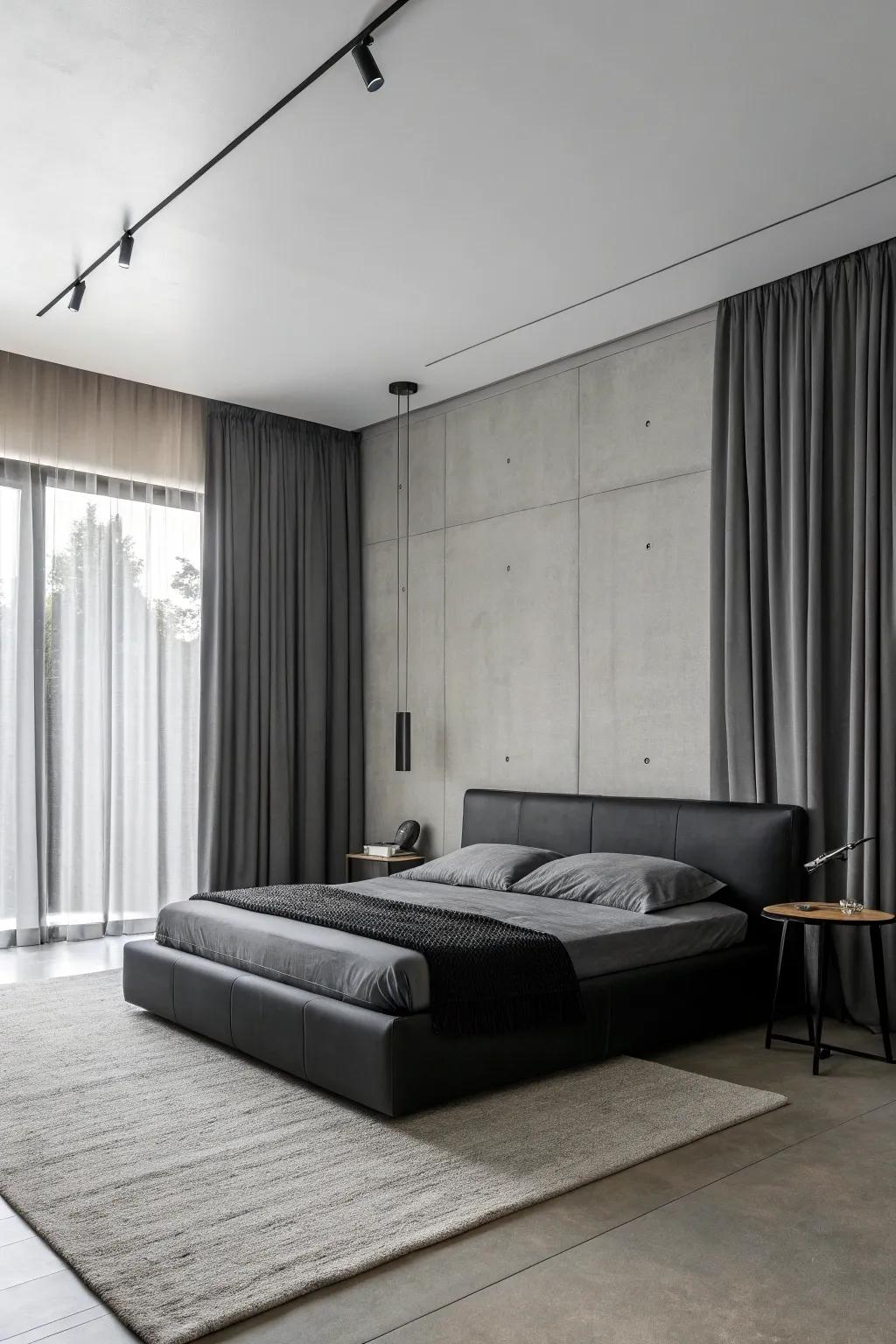 A minimalist black and grey bedroom with simple lines and unadorned forms.