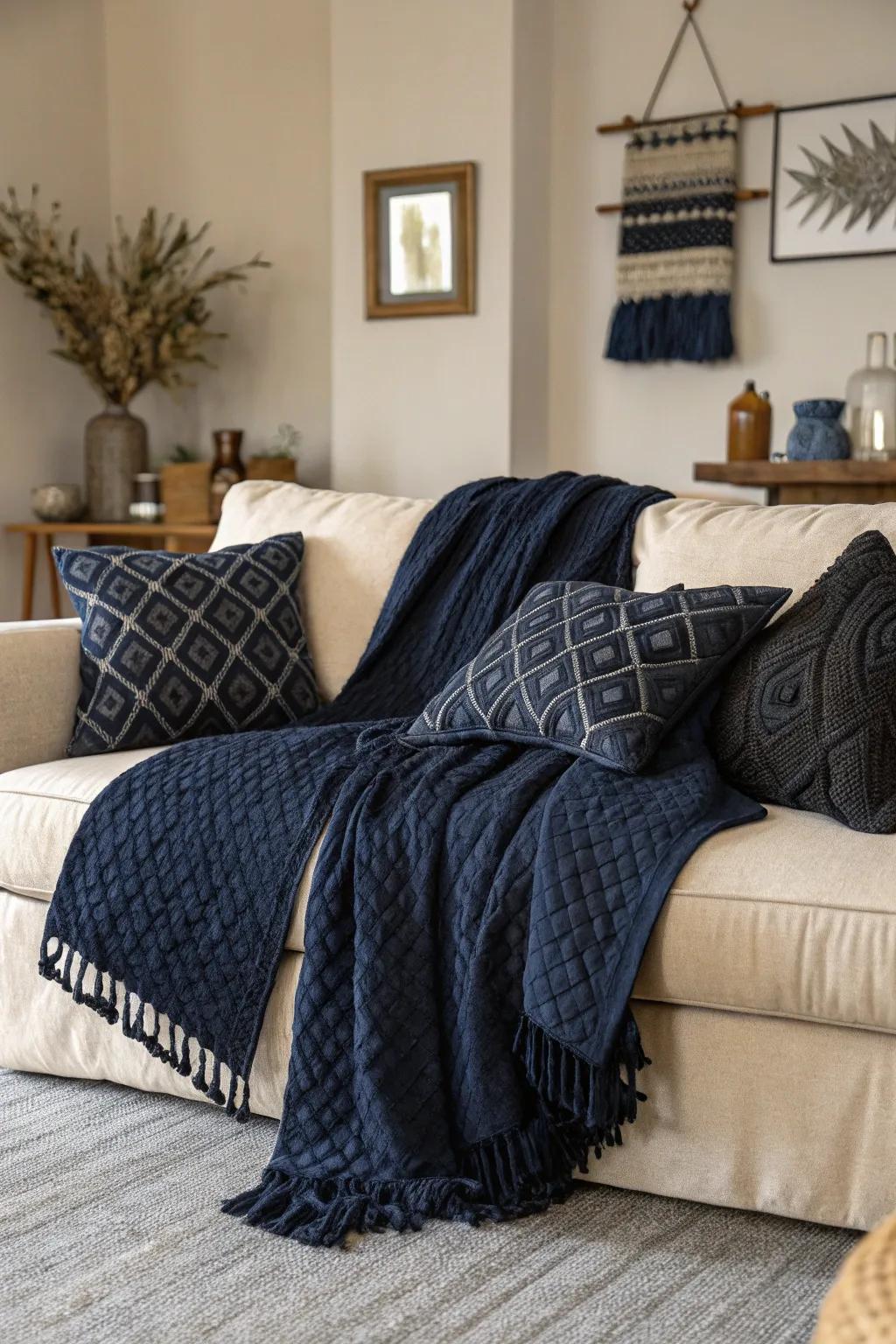 Layered throws and cushions create a cozy atmosphere.
