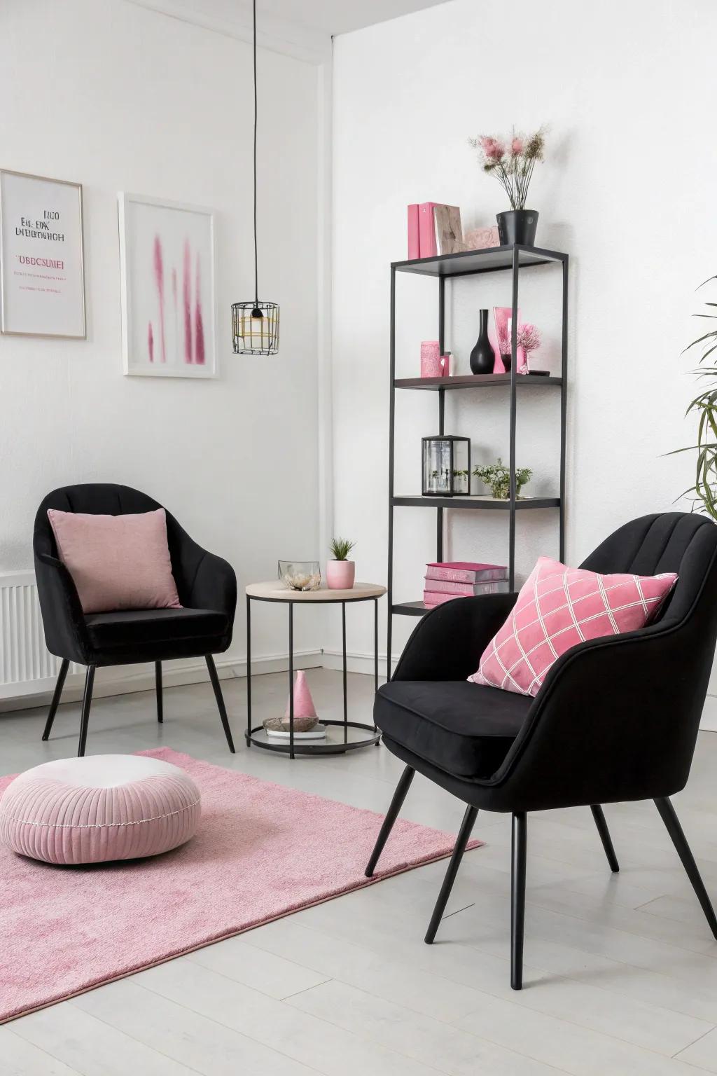 Minimalist elements with pink and black highlights produce a beautiful, streamlined aesthetic.