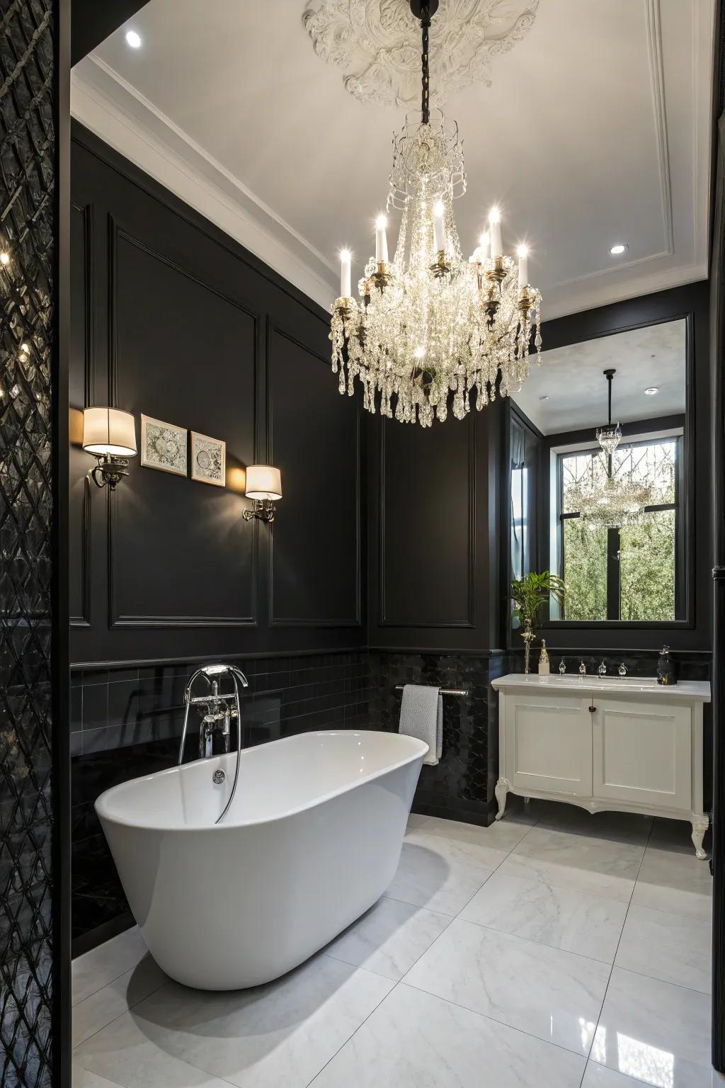A chandelier enriches the bathroom&rsquo;s sophistication.