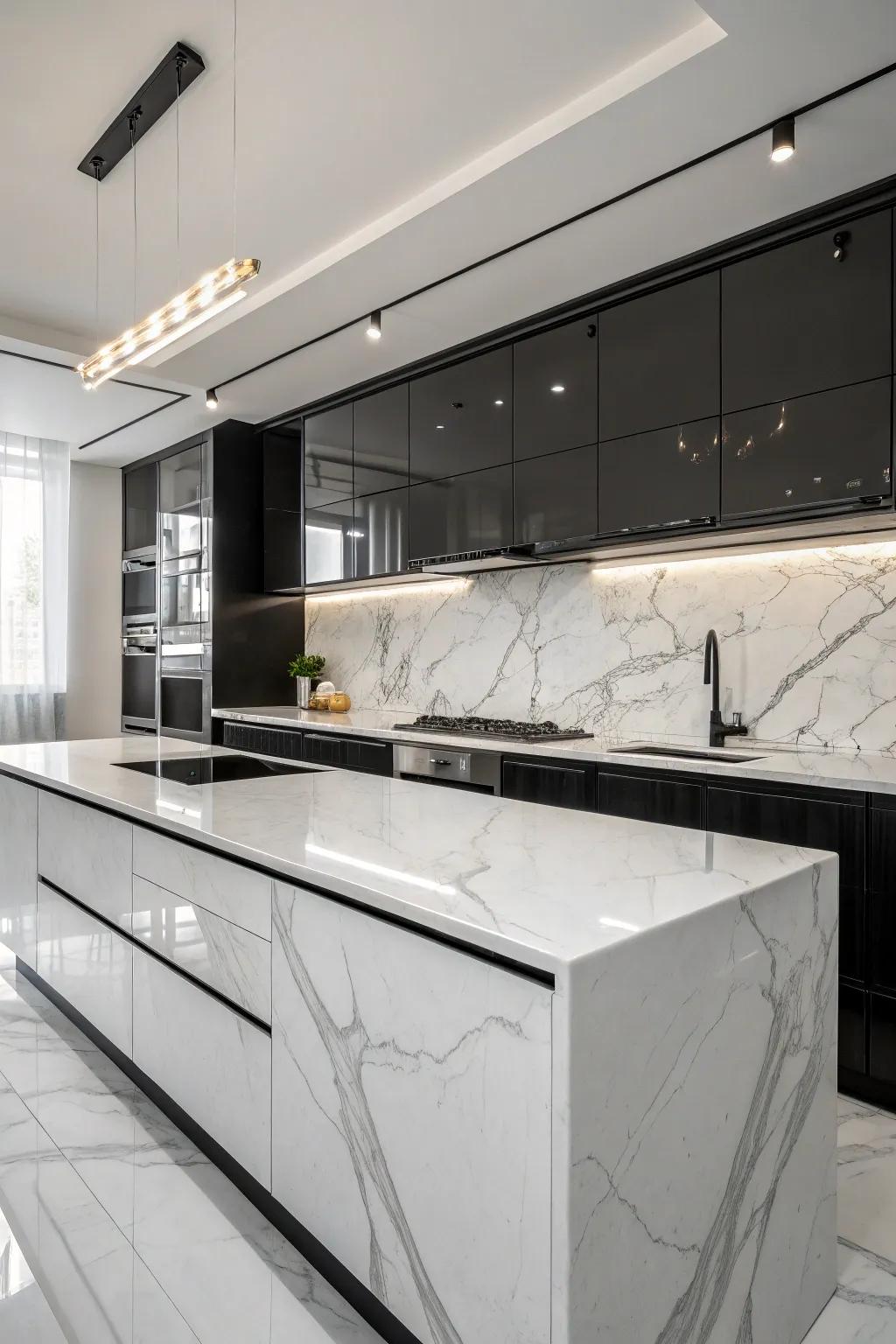 Neutral marble worktops harmonize with the monochrome motif.