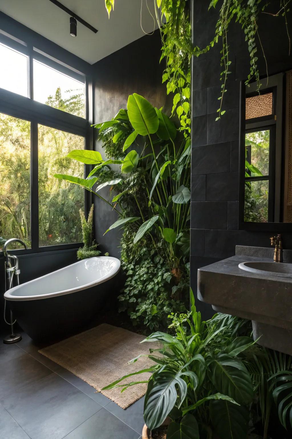 Foliage against ebony backdrops produces a refreshing, nature-inspired setting.