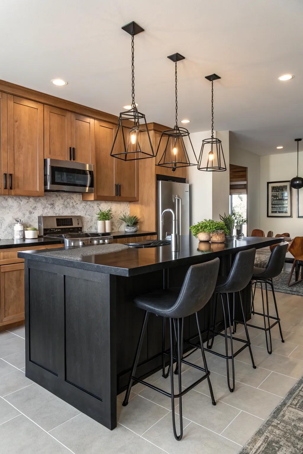 A kitchen island with dark-toned countertops for visual impact.