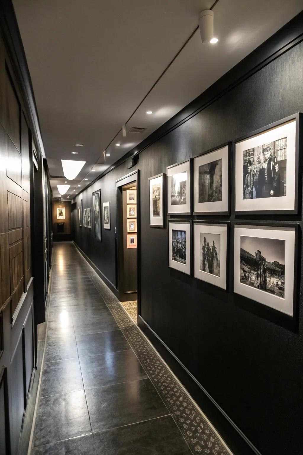 A photo wall adds a personal element inside a dark entryway.