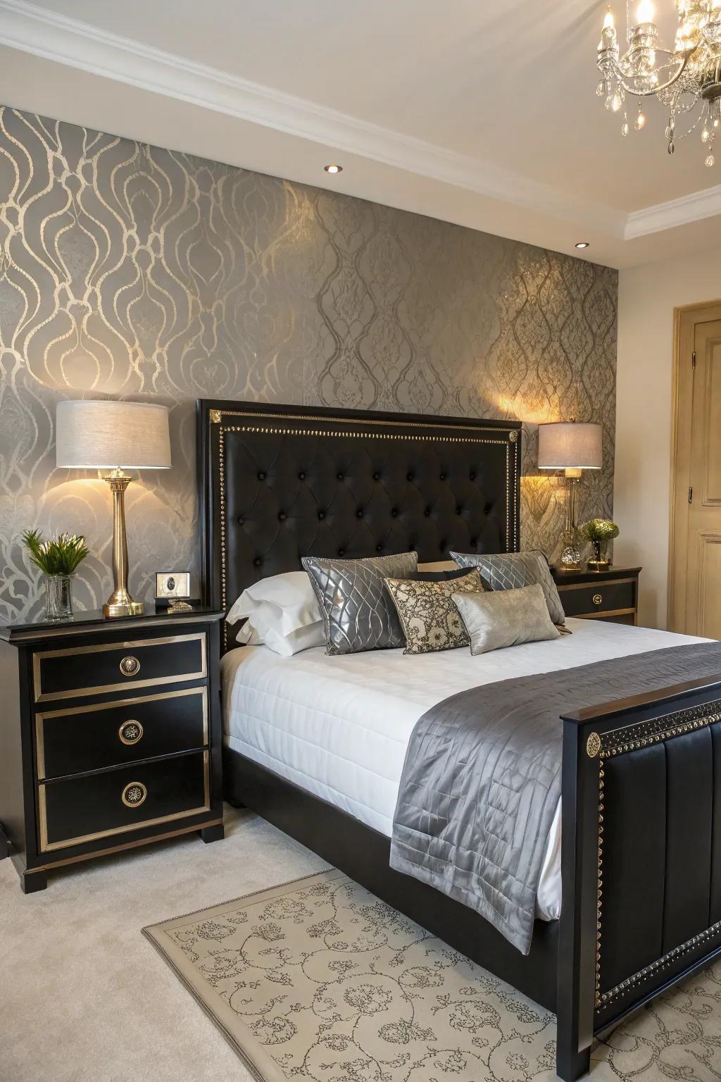 Glamorous bedroom featuring metallic touches and a dark headboard