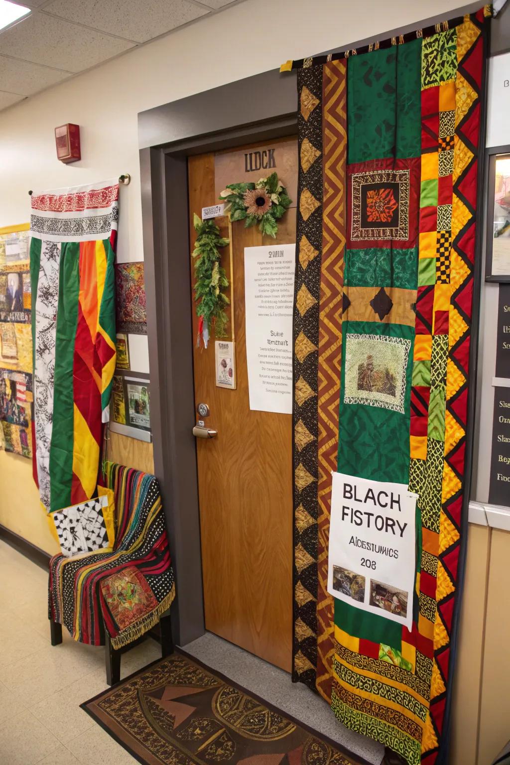 A door featuring artistic expression through textiles and materials.