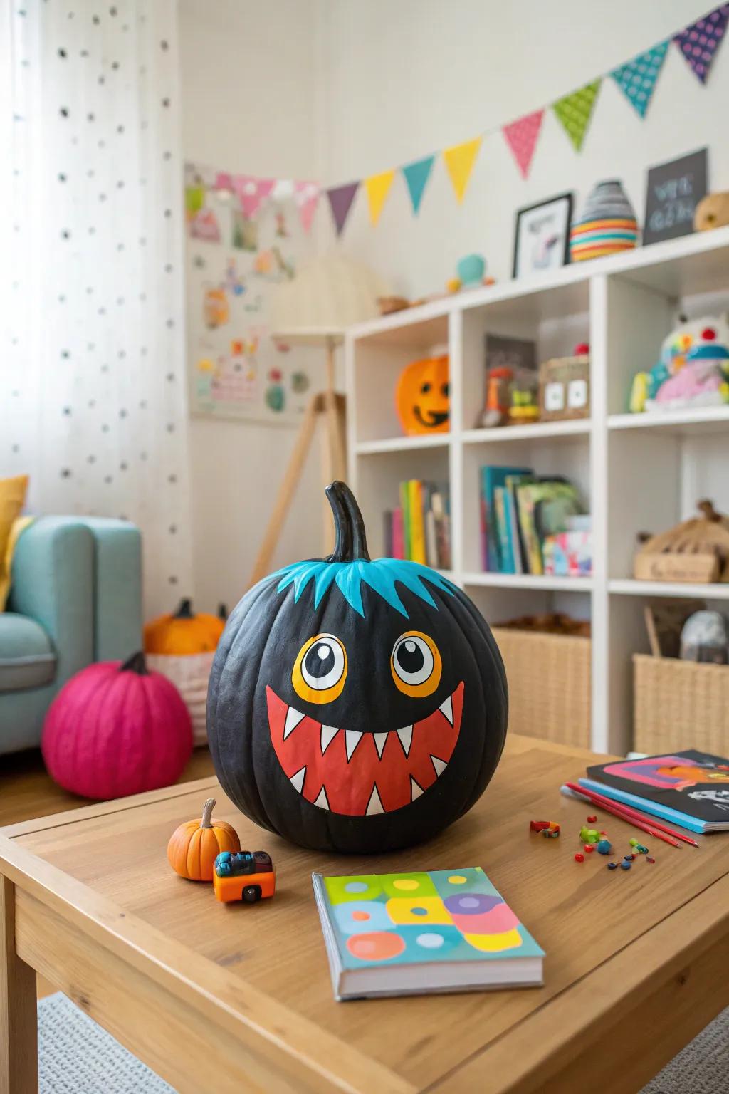 A fun black pumpkin with a monster face, perfect for a child-friendly Halloween.