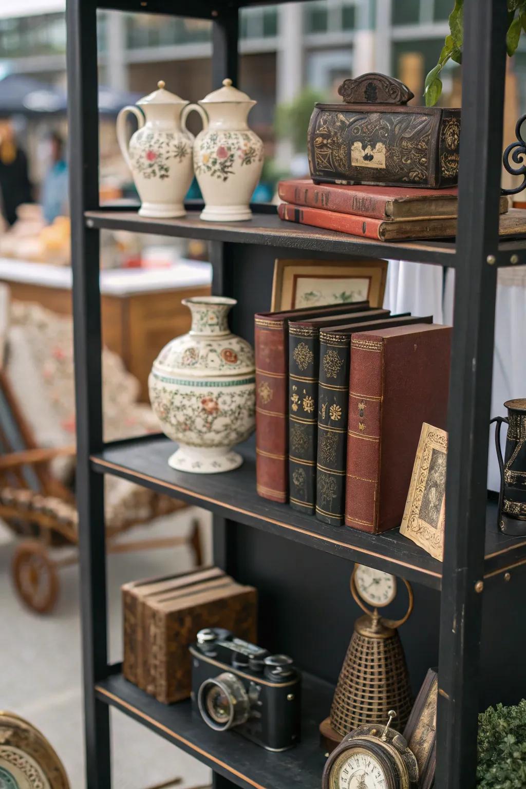 A thematic compilation of vintage elements fashioning a unified display on a dark shelf.