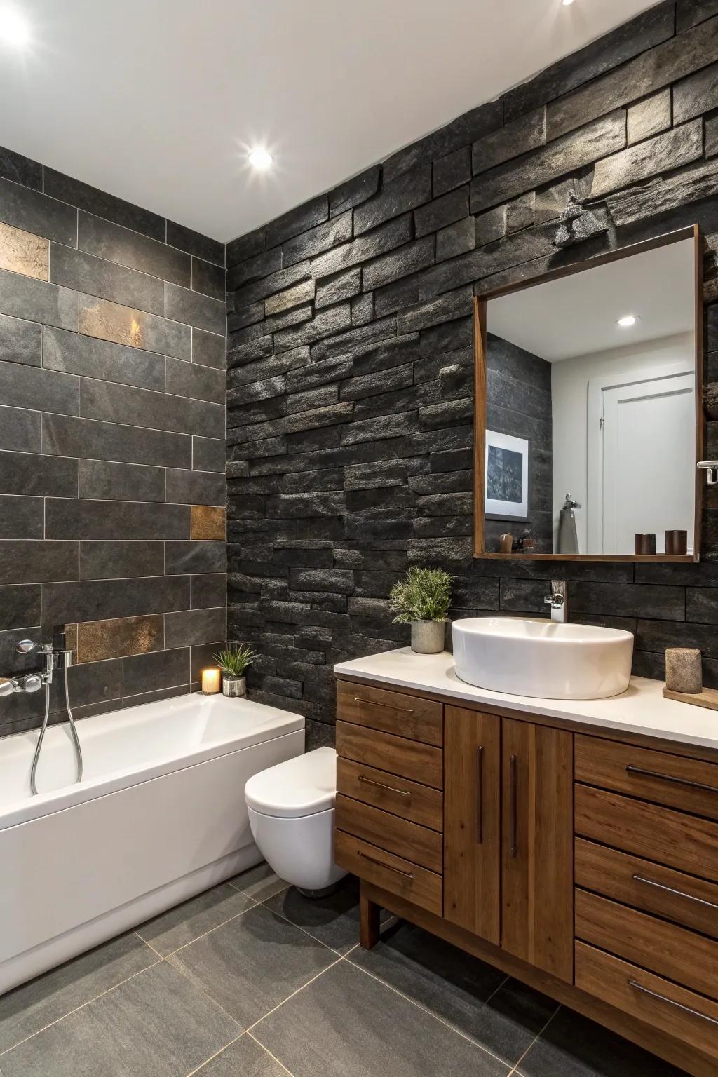 Textured cleftface boards add rustic charm to the bathroom.