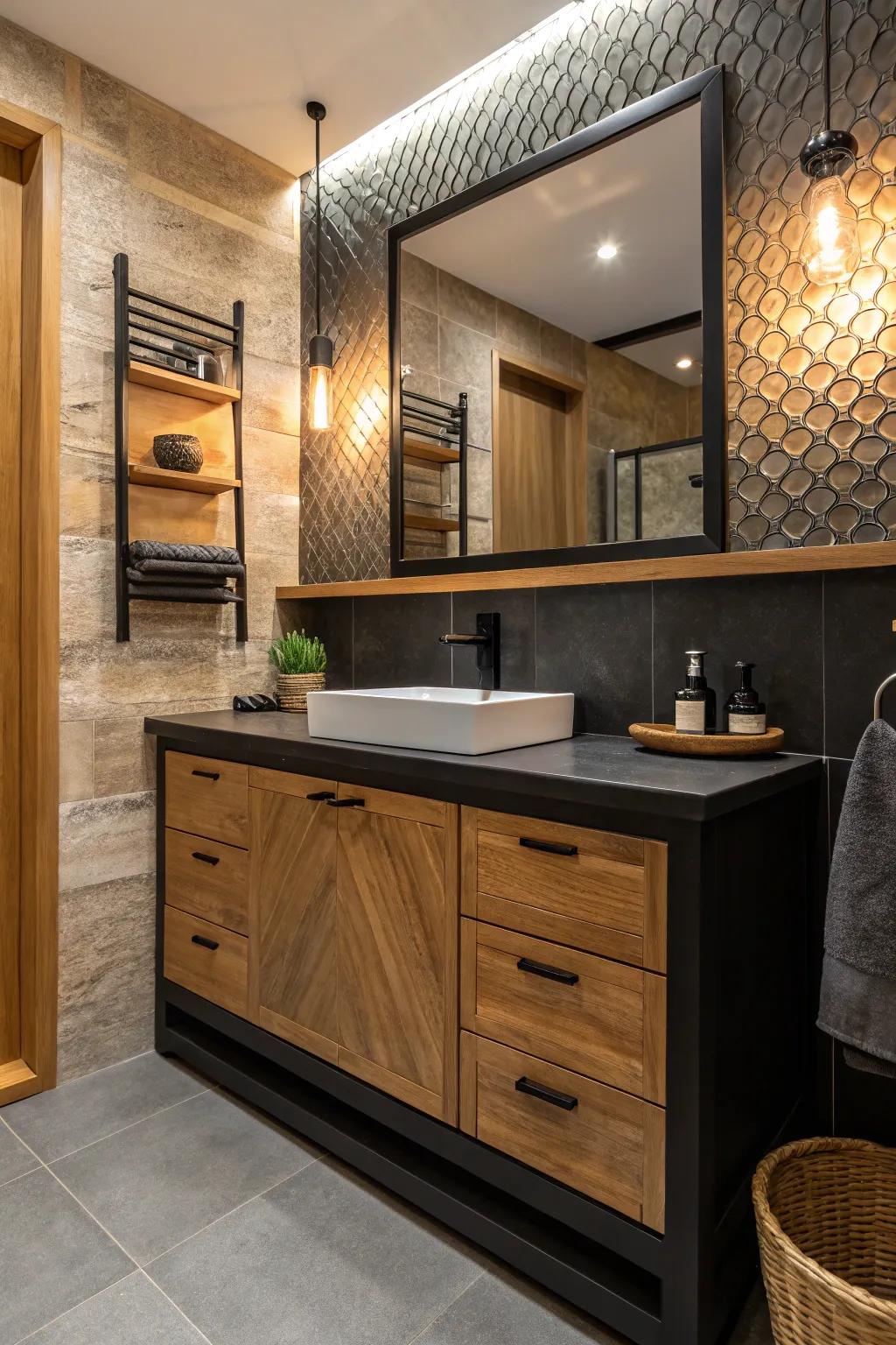 Timber features introduce warmth and a natural feel to a dark sink console setup.