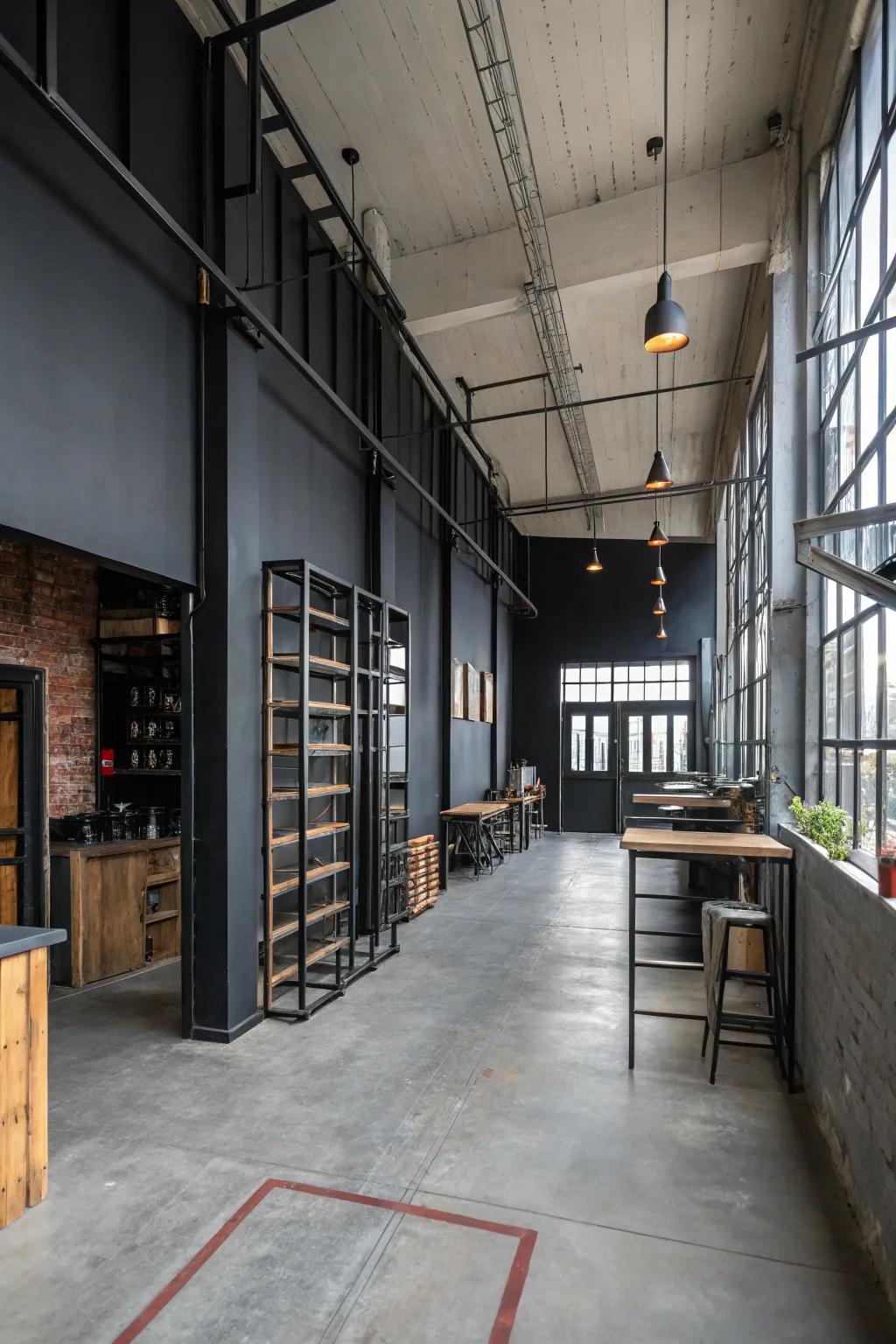 An industrial-style room with a dark wall.