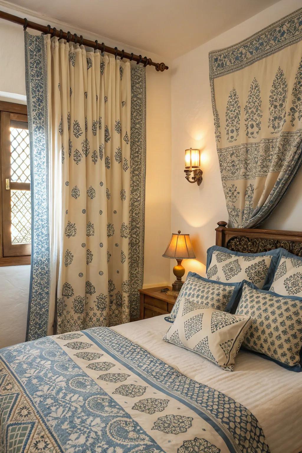 Patterned textiles in blue and beige introduce visual depth and charm.