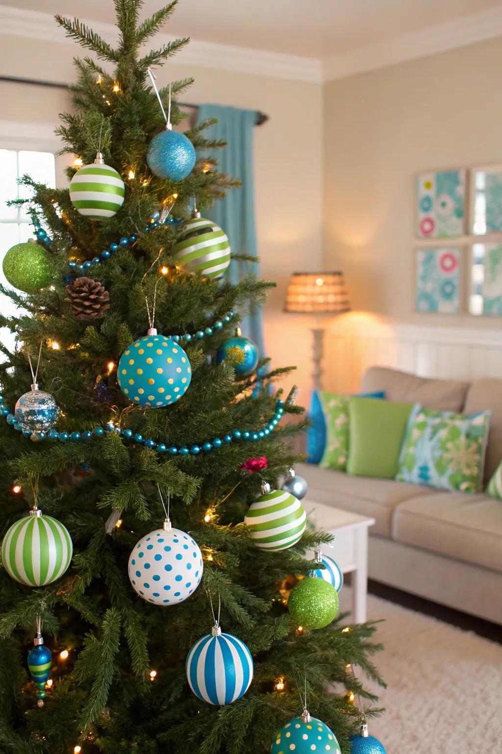 A playful and cheerful tree adorned with polka dots and stripes.