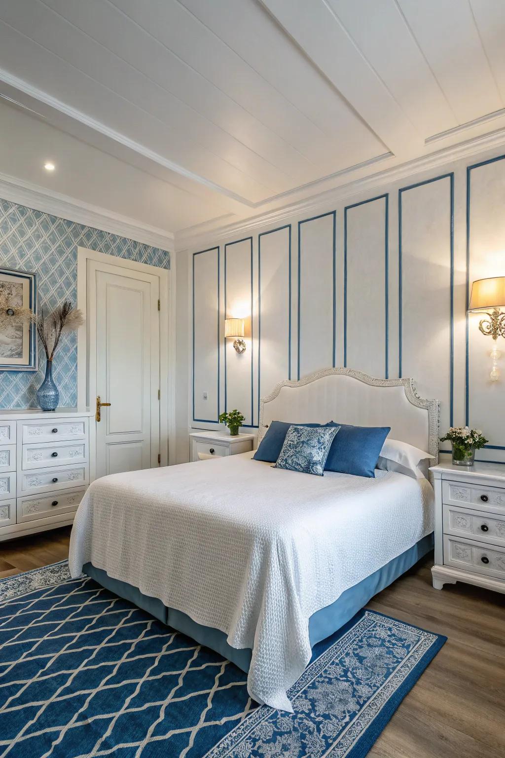 Emphasized lighting enhances elegance and highlights the features of a blue and white bedroom.