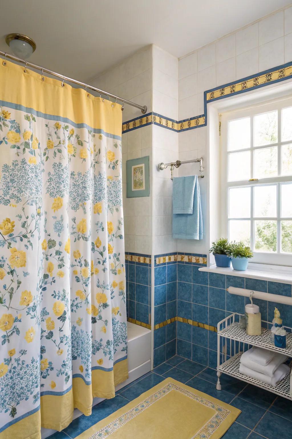 A floral shower curtain adds a playful and cohesive element to the bathroom.