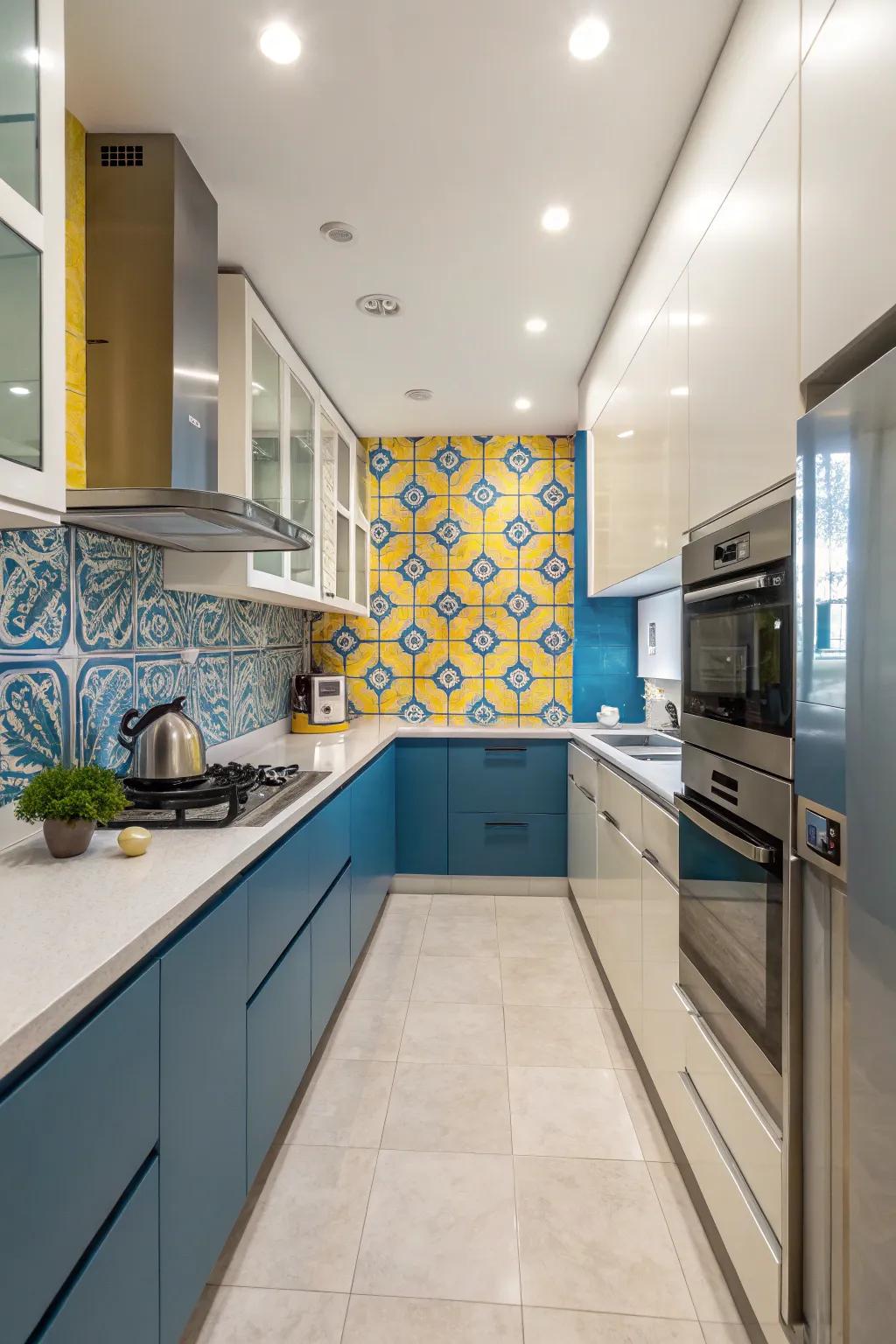 A kitchen highlighting a sea and lemon backsplash for a stylish appearance.