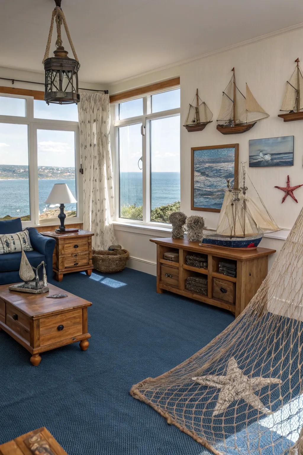 A coastal motif with blue carpet summons a serene, beachy atmosphere.