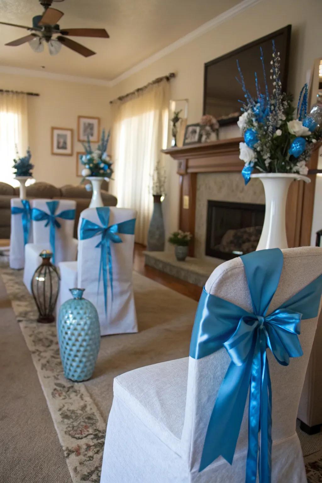 Elegant silk bands and bows in blue as celebratory highlights
