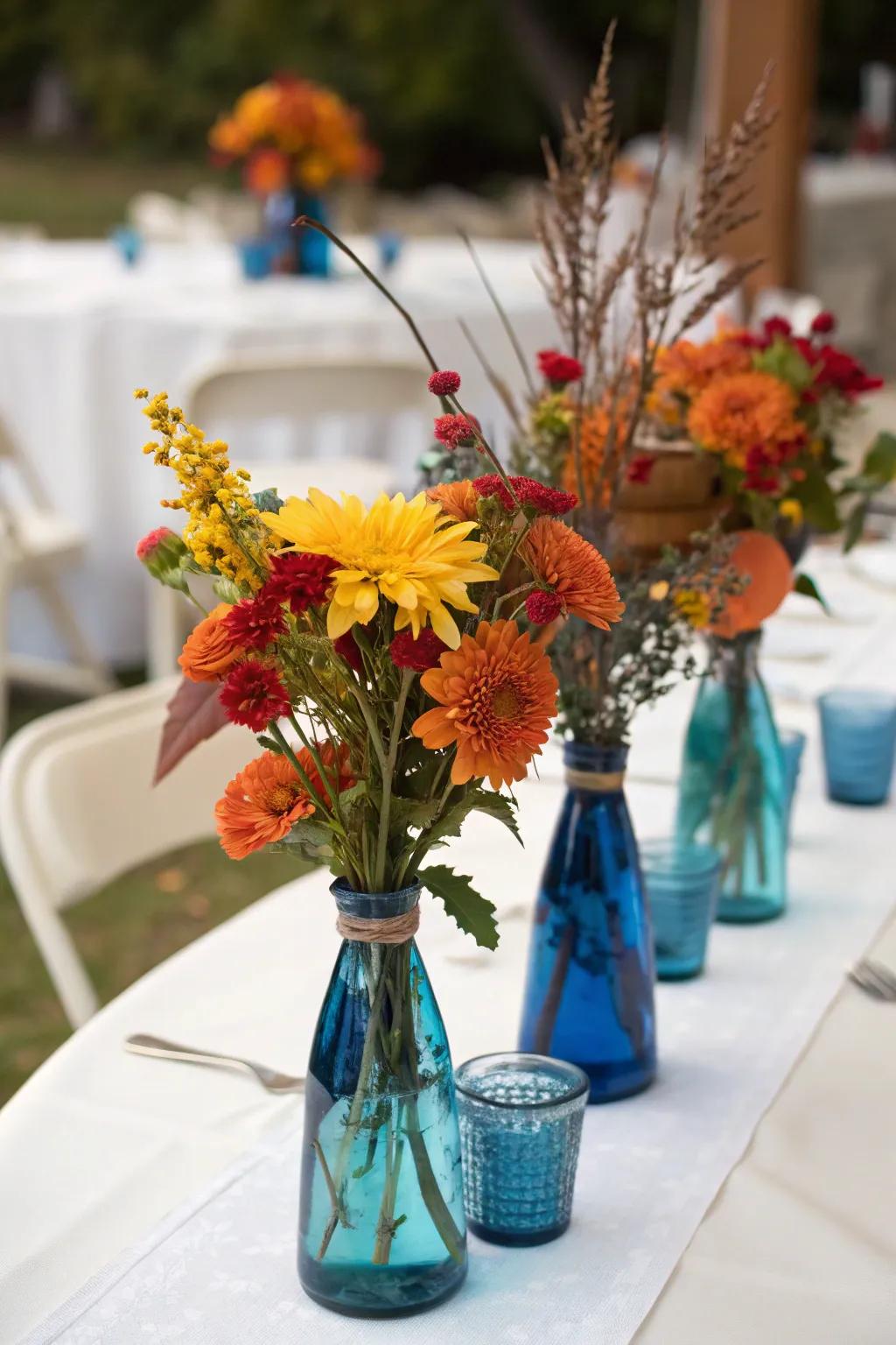 An elegant table centerpiece featuring azure glass and fall florals.