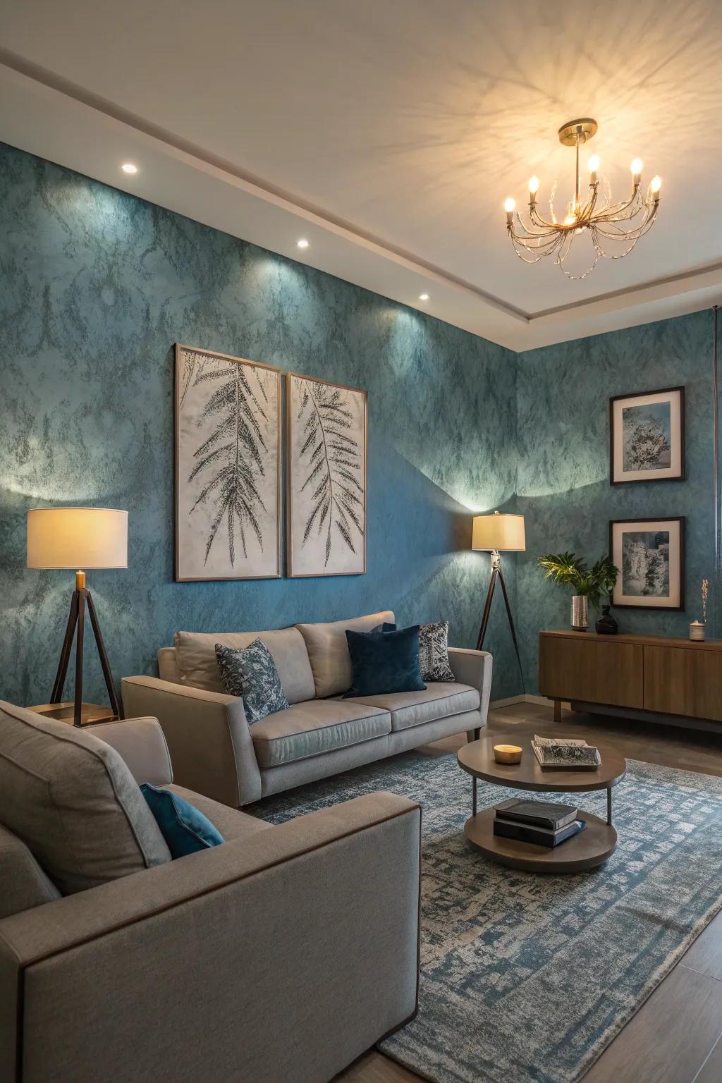 Textured blue walls contribute depth and intrigue to this chic living room.