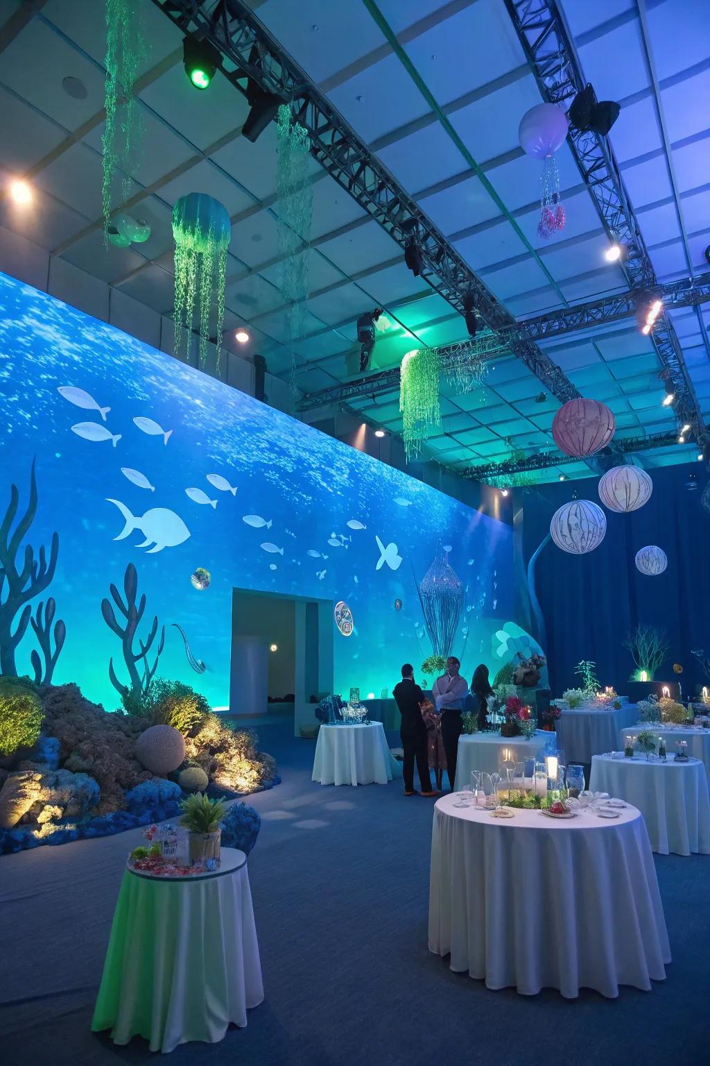 Underwater decorations transform the venue into an underwater escape.