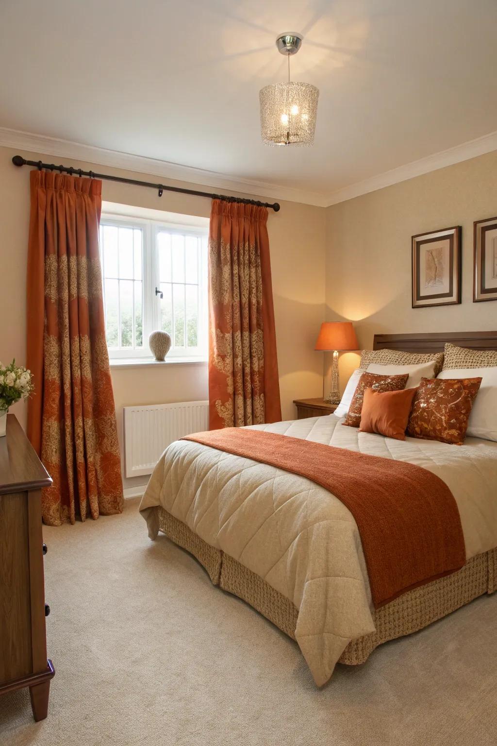 Neutral accents balancing the bold burnt orange.