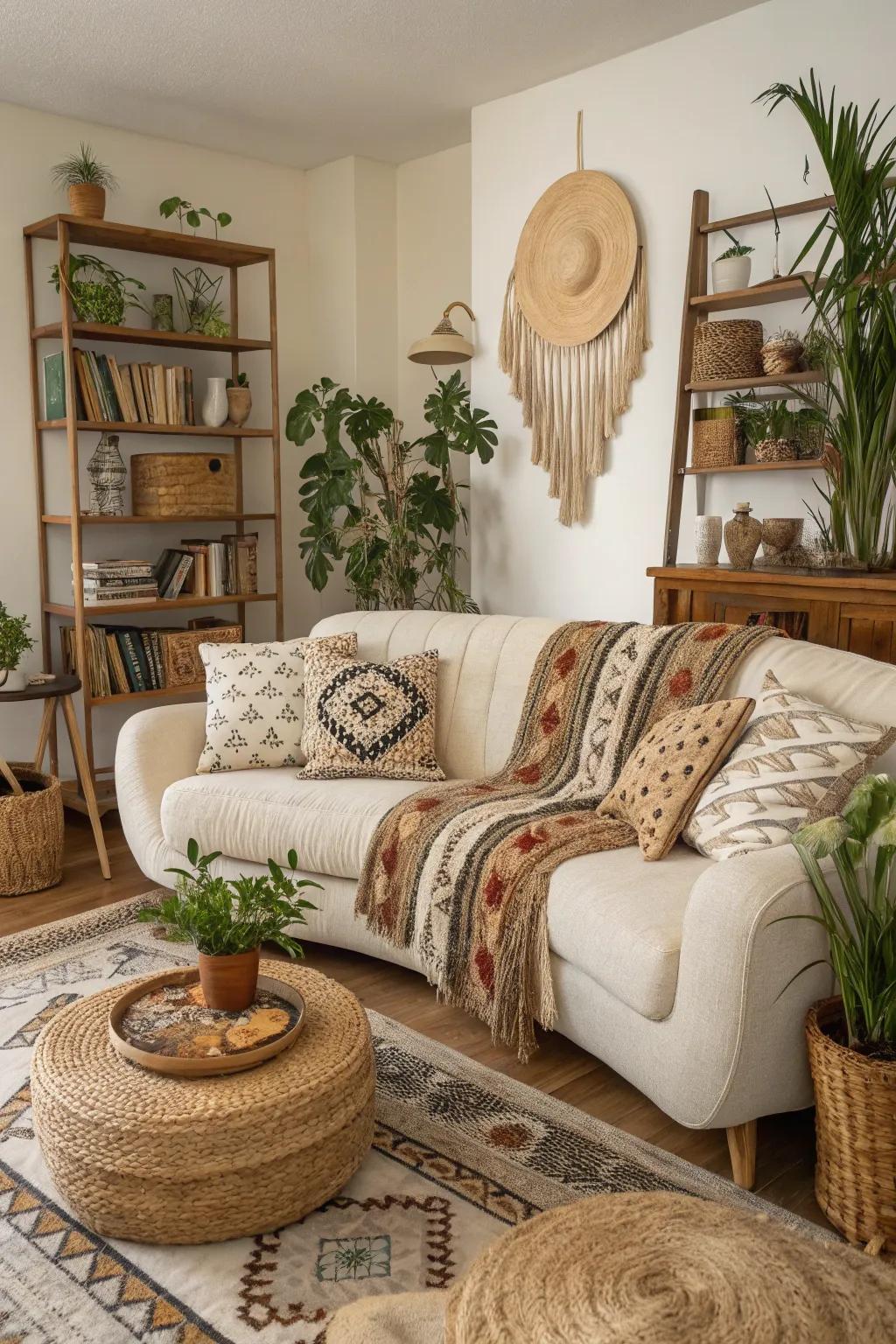 Natural shapes soften the bohemian living area.
