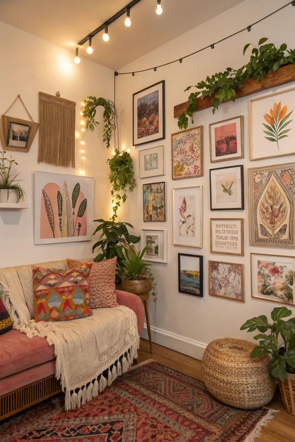 A diverse gallery wall serves as a creative expression of style and taste.