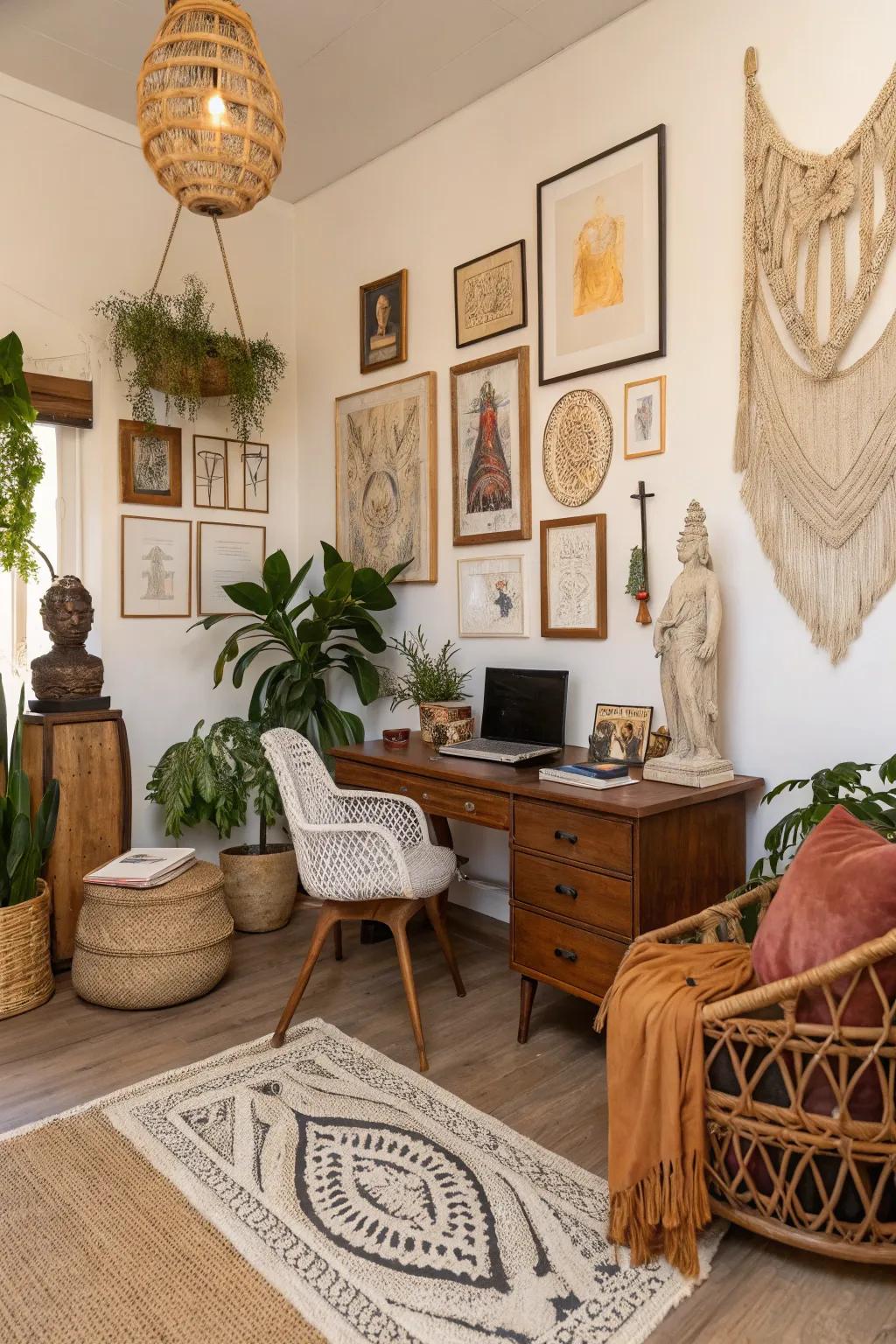 Diverse decorative items add a unique cultural touch to the office.