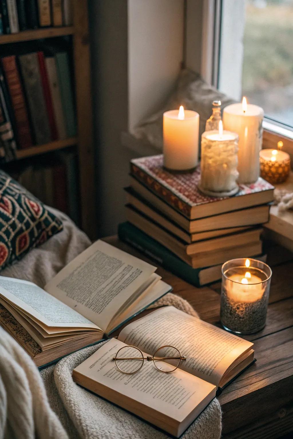 Candlelit allure with books creating a warm, inviting corner.