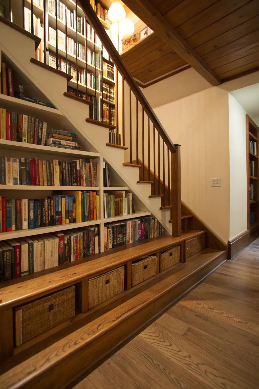 Shelving integrated beneath the staircase to ingenious effect.