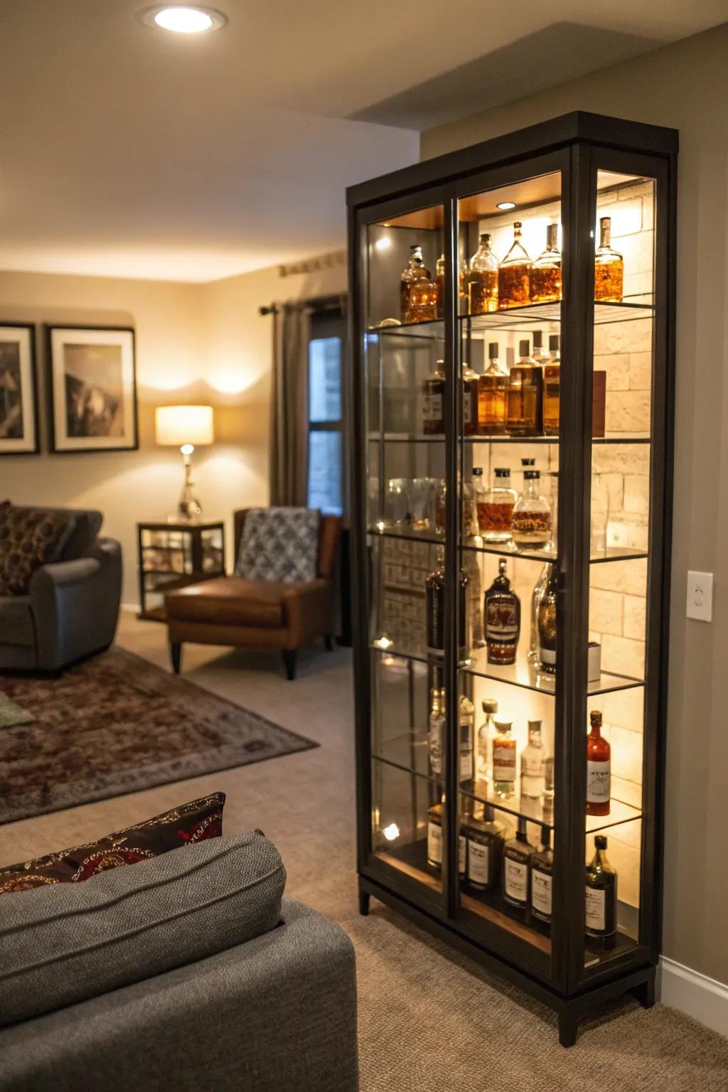 A glass display cabinet elegantly showcases your bourbon collection.